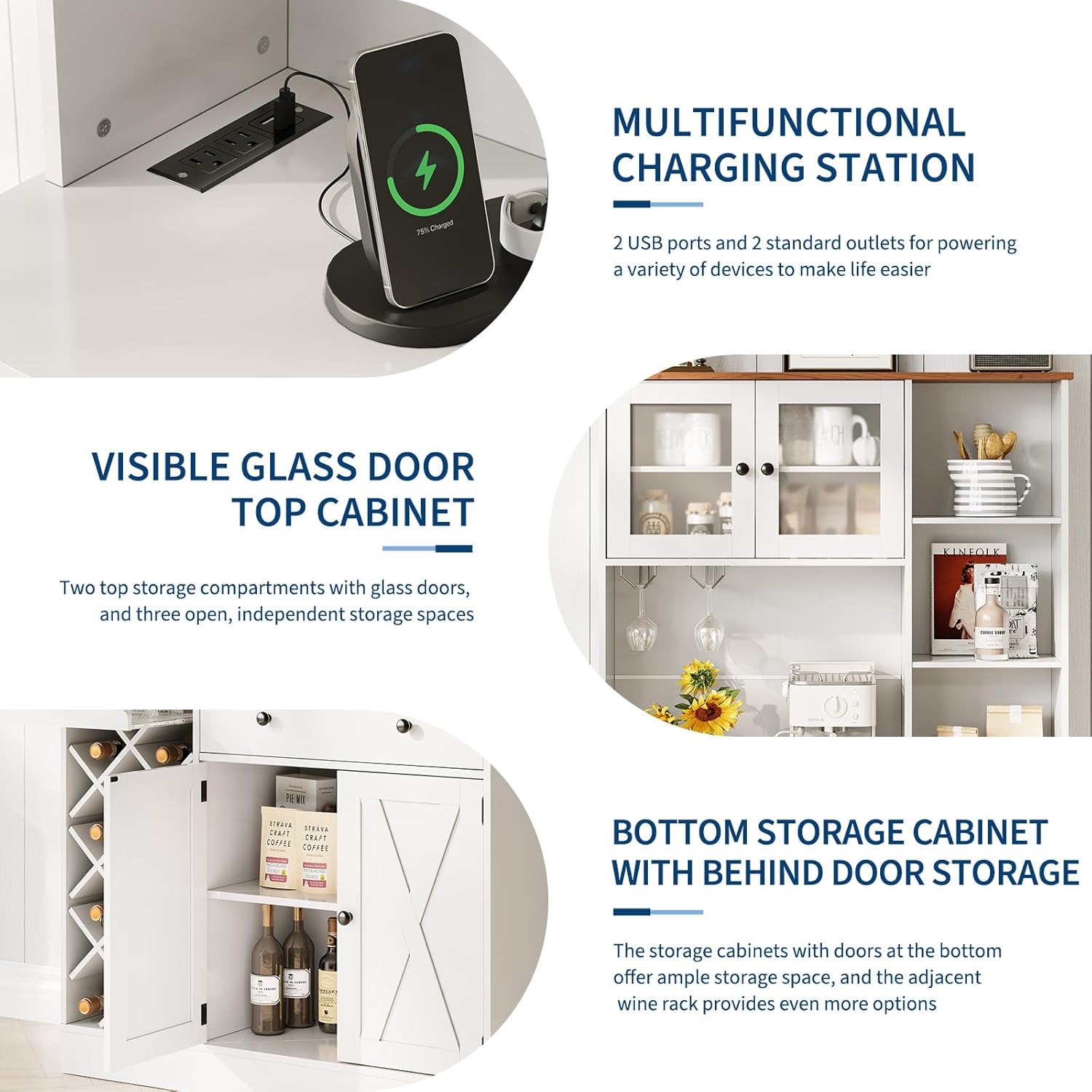 71" Kitchen Pantry Cabinet with Wine Bottle Rack and Charging Station Tall Pantry Storage Cabinet with Adjustable Shelves and Door Shelves Modern Kitchen Hutch with Microwave Stand and Countertop