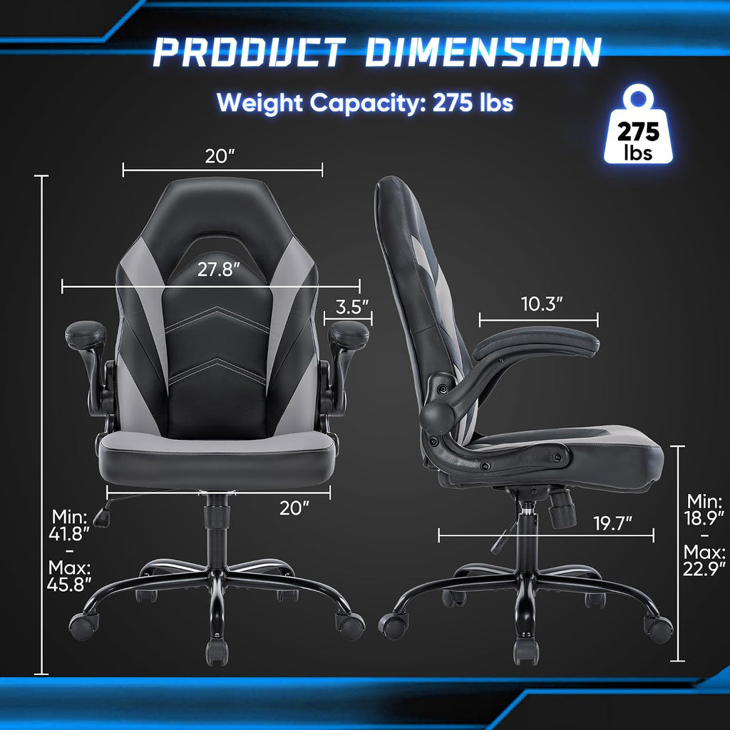 OLIXIS Computer Gaming Desk Chair - Ergonomic Video Game with Comfy Lumbar Support and headrest, PU Leather with Flip-up Arms, Adjustable Height and Swivel Wheels, for Adults, Dark Grey