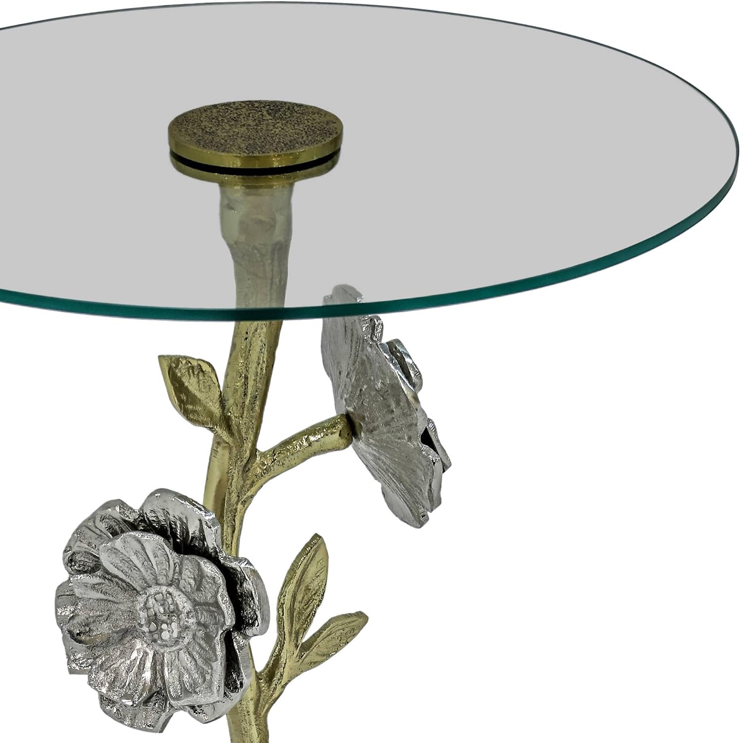 Flower Side Table with Glass Top | Decorative Sculptural End Table | Aluminum Base | Accent Table for Living Room | 16x16x23.75