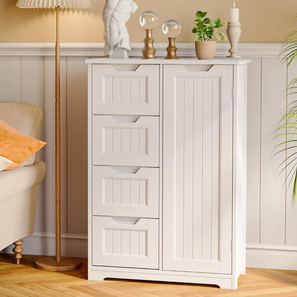 Gizoon Small Pantry Storage Cabinet with Door and Shelves, 33'' Kitchen Pantry Freestanding Wooden Bathroom Storage Cabinet with 4 Drawers for Kitchen and Dining Room, White, Painted