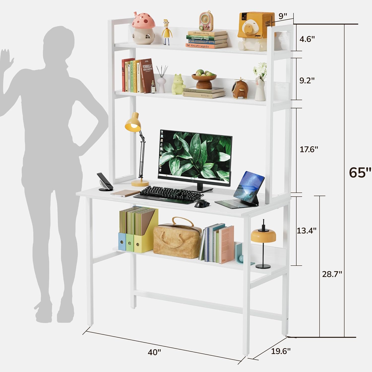 Aquzee Computer Desk with Hutch, 40“W x 19.6" D Desk with Shelves, Tall Home Office Desk with Bookshelf, Metal Legs Study Table with Upper Storage Shelf for Study Writing/Workstation, White