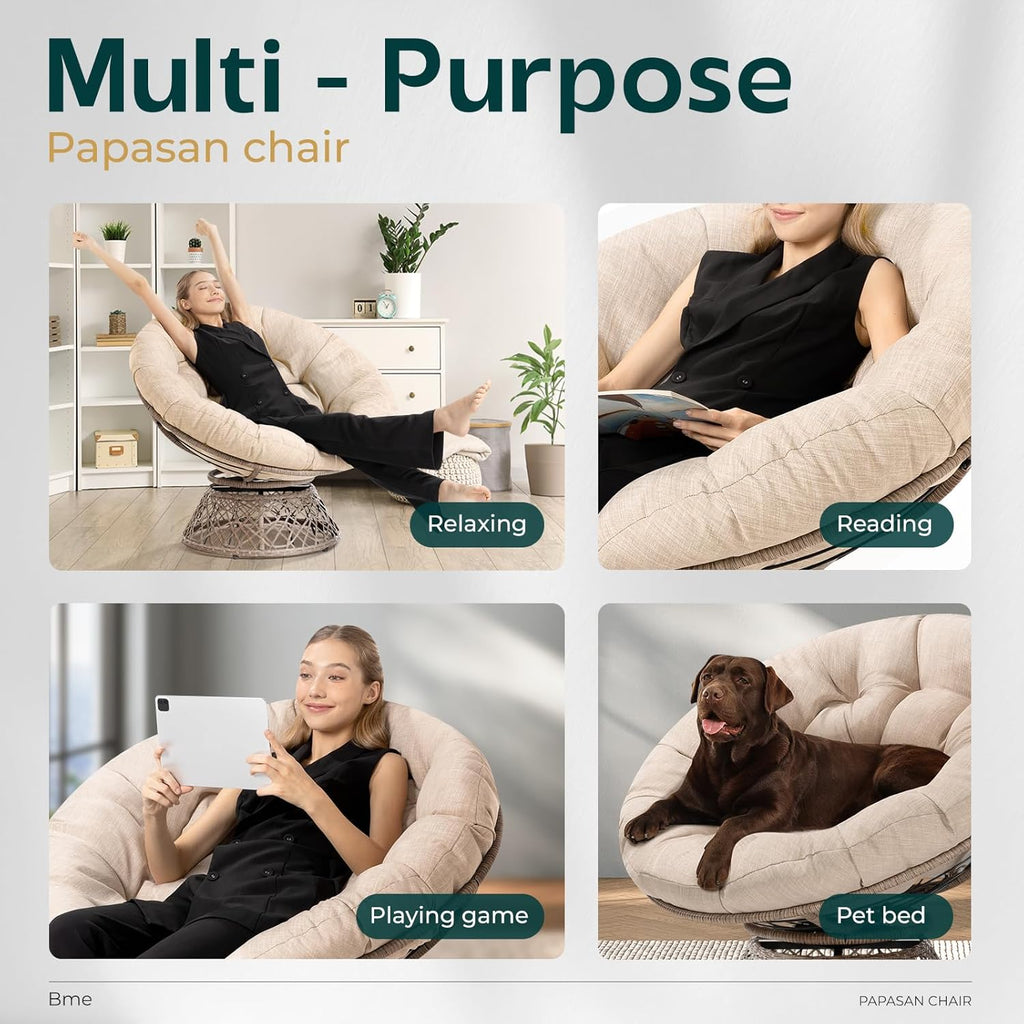 Bme 40" Ergonomic Wicker Papasan Chair with Soft Thick Density Fabric Cushion, High Capacity Steel Frame, 360 Degree Swivel for Living, Bedroom, Reading Room, Lounge, Sepia Sand - Brown Base