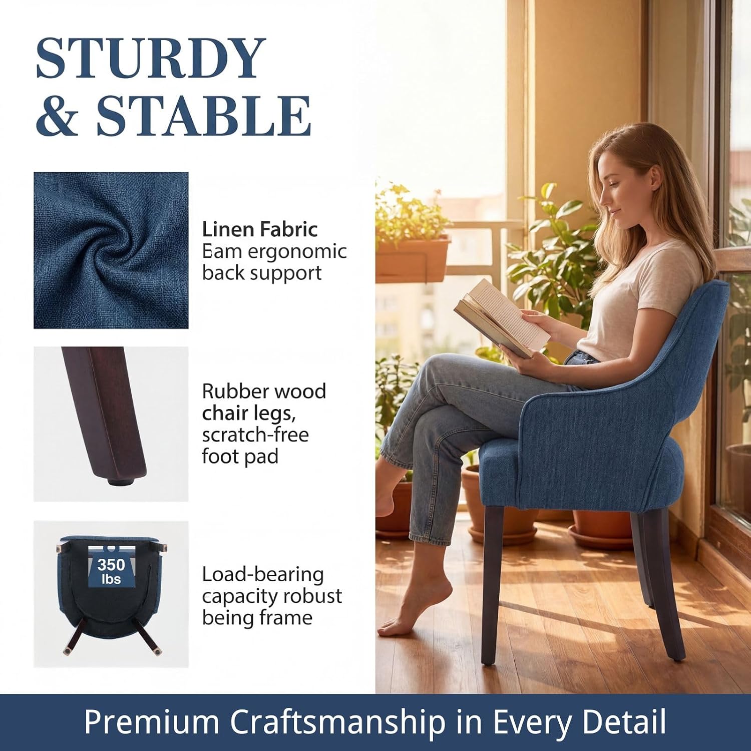 Blue Dining Chairs with Arms Set of 2, Farmhouse Upholstered Linen Dining Chairs, Curved Open Back Kitchen & Dining Room Chairs with Solid Wood Legs and Thick Cushion Seat, Blue