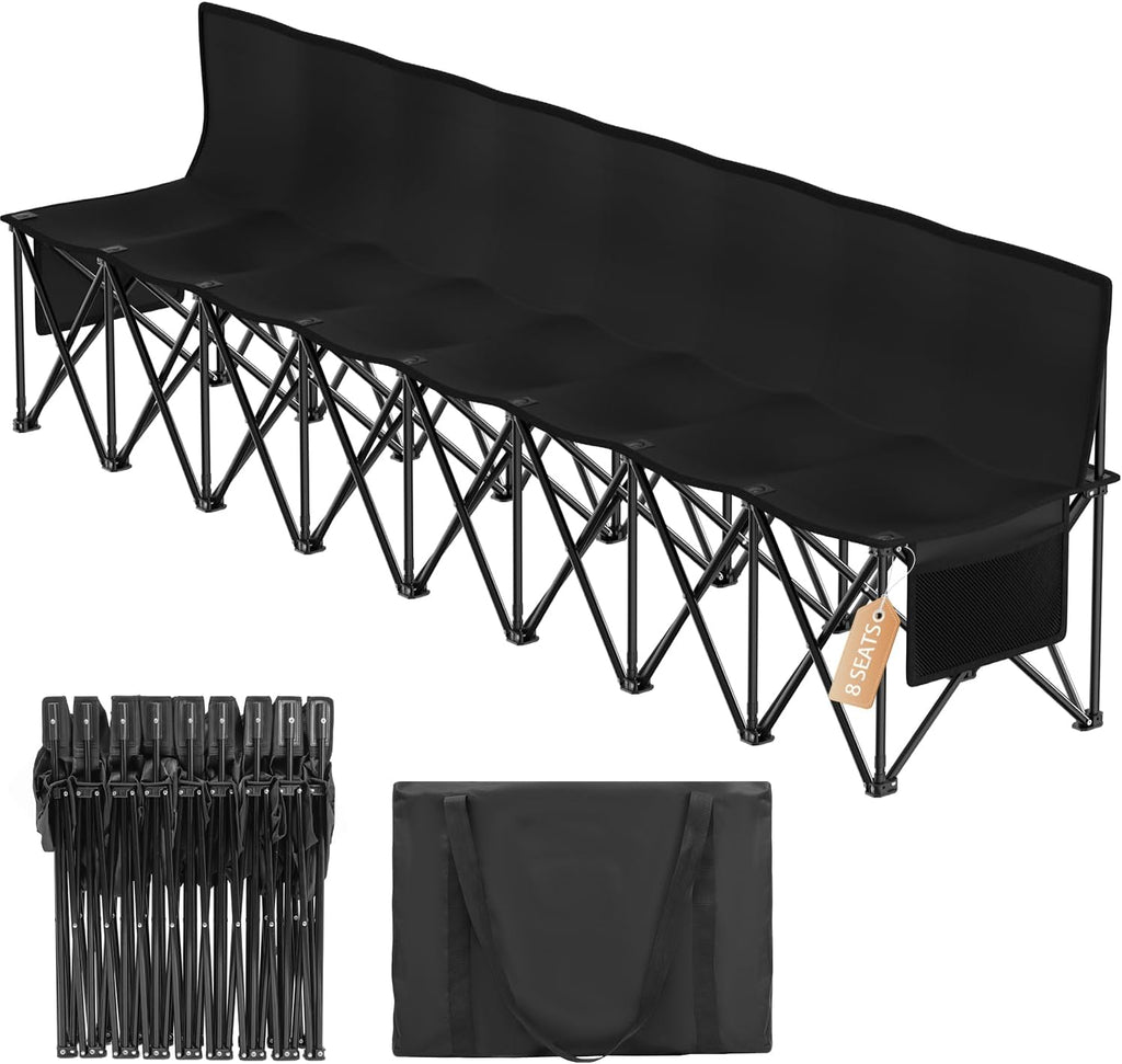 Suteck 8 Seats Soccer Bench, Portable Team Bench with 17.3"x 17.3" Individual Seats, 600D Oxford Fabric & Side Pockets, Heavy Duty Outdoor Folding Bench for Sports, Camping, Patio & Park Events