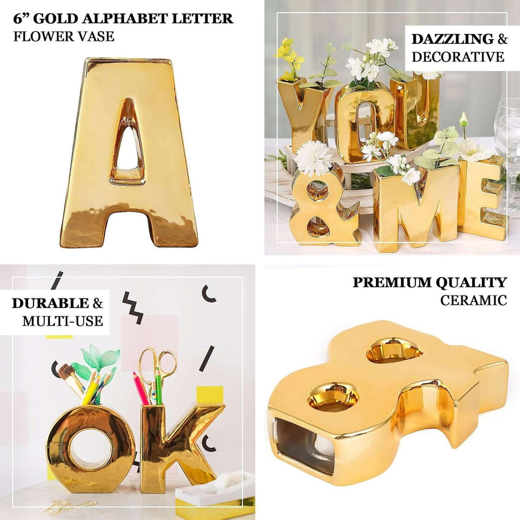 Efavormart 6" Shiny Gold Plated Ceramic Letter O Sculpture Flower Vase, Bud Planter Pot Table Centerpiece