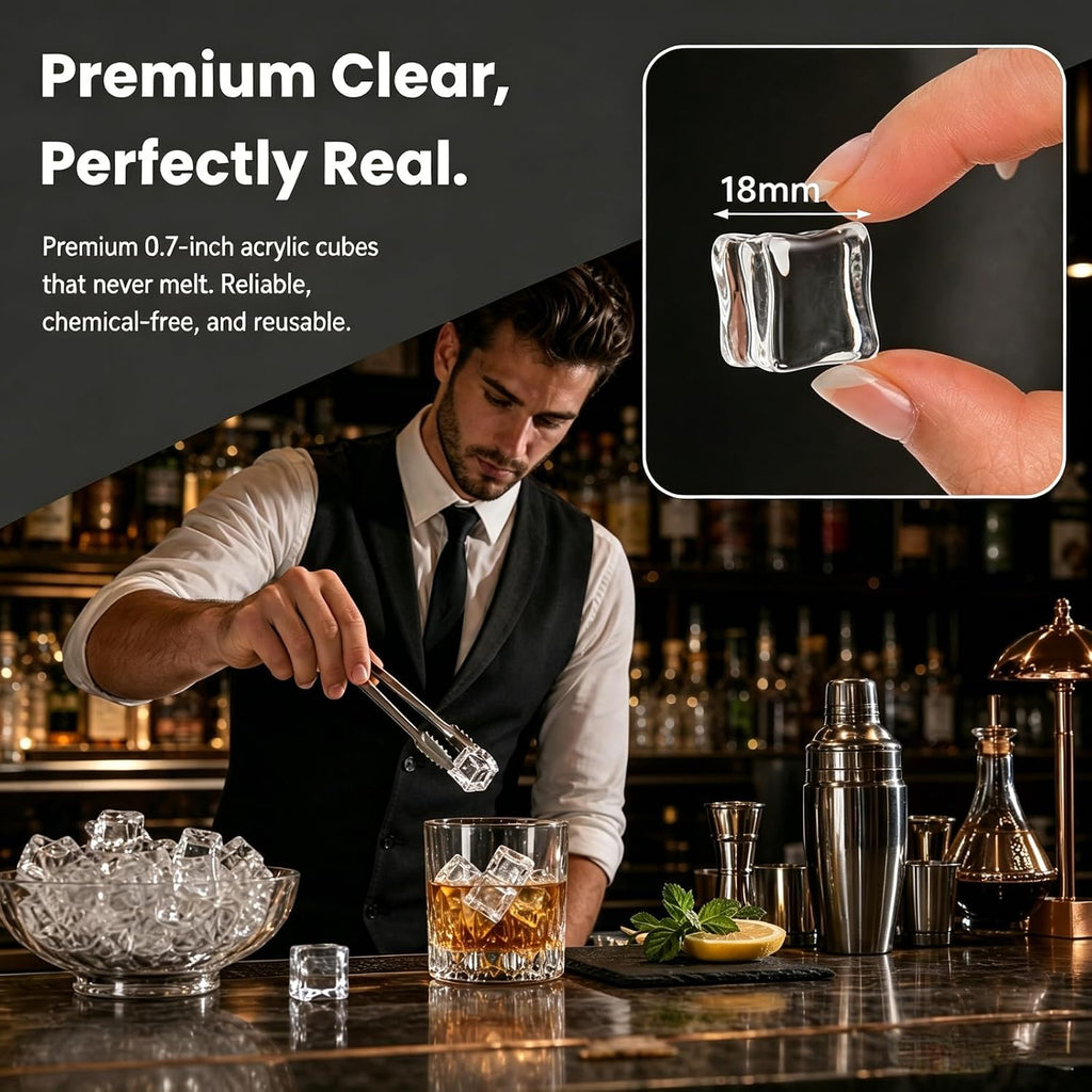 Hacaroa 150 Pack Clear Fake Ice Cubes, 0.7" (18mm) Acrylic Decorative Ice Rocks Square Artificial Crystals Vase Rocks for Home, Wedding Decoration, Vase Fillers, Photography Props, Party Table Scatter
