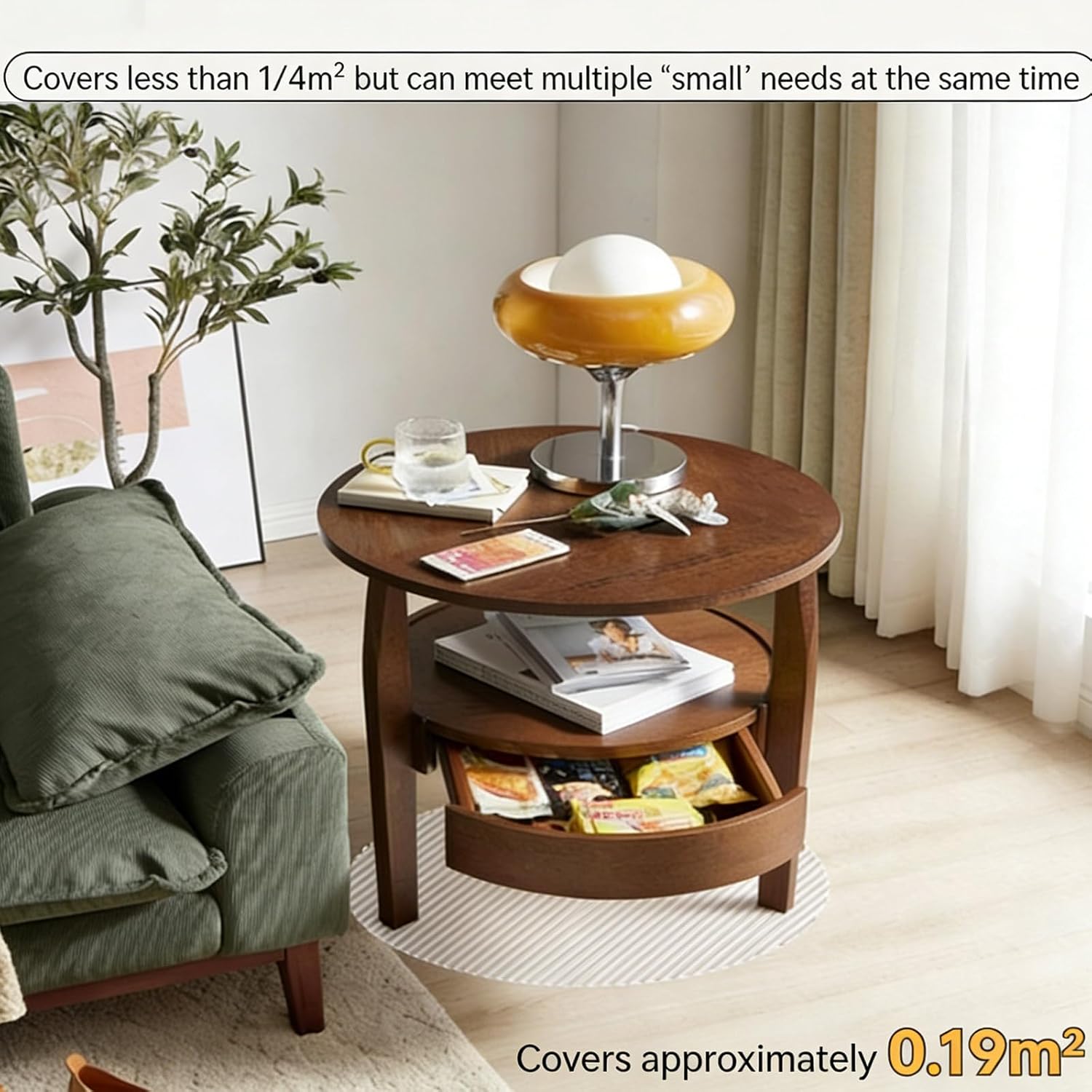 2-Tier Solid Wood End Table with Drawer,Vintage End Table with Storage,Round Side Tables,Natural Solid Wood Nightstand,Mid-Century Modern End Tables for Living Room,Bedroom,Brown,19.6in