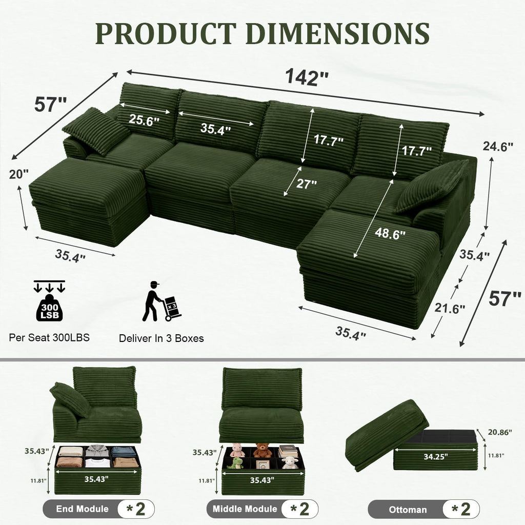 Upgrade Boneless Couch with Storage, Extra Deep&High Seat Modular Sectional Sofa 4 Seater U Shaped Cloud Couch with Ottoman, Tool-Free Assembly Sectional Couches for Living Room
