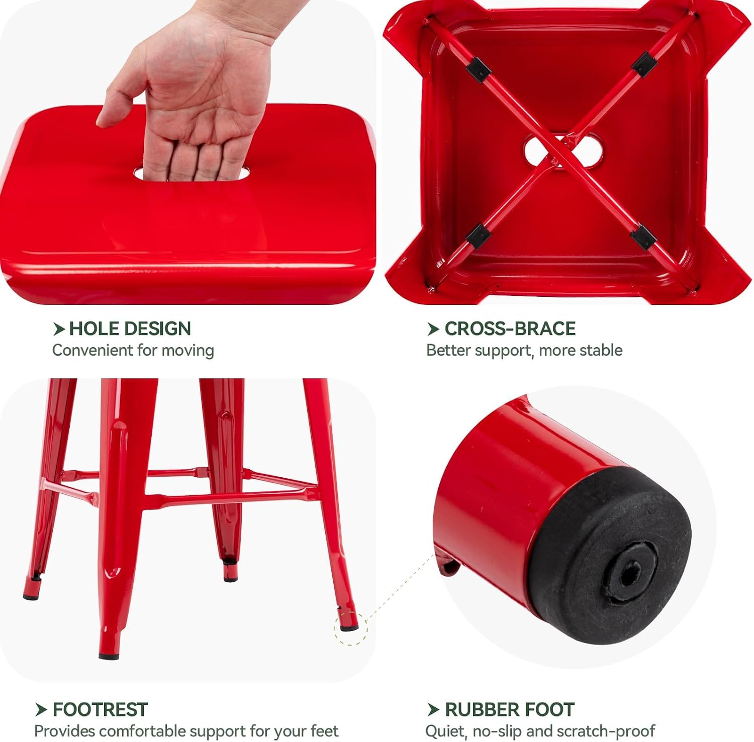 24 Inch Metal Bar Stools,Counter Height Bar Chair,Indoor Outdoor Backless Kitchen Stools Set of 4,Red