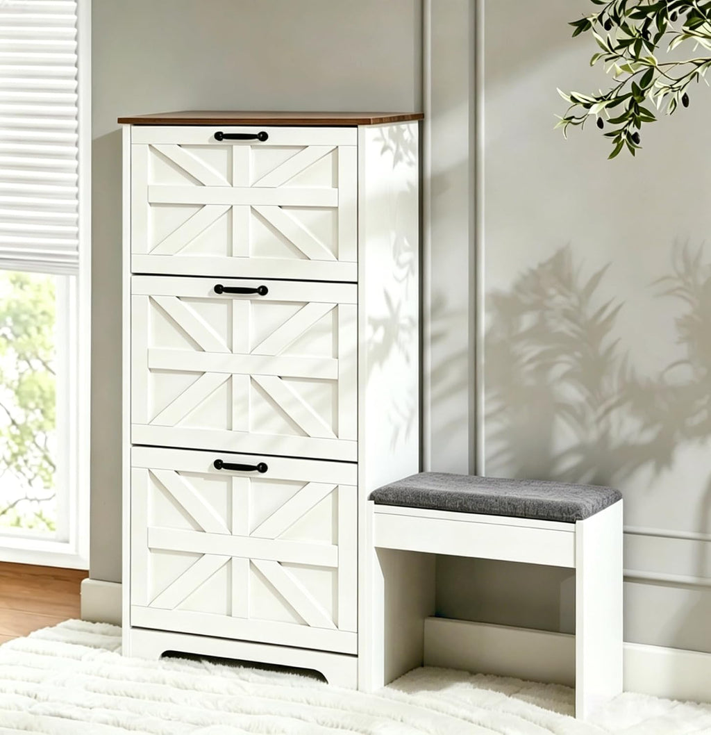 Shoe Cabinet with Bench 3-Tier Flip Drawer, Farmhouse Shoe Storage for Entryway, Wooden Shoe Organizer Cabinet, Hidden Slim Shoe Cabinet for Hallway, Living Room, White