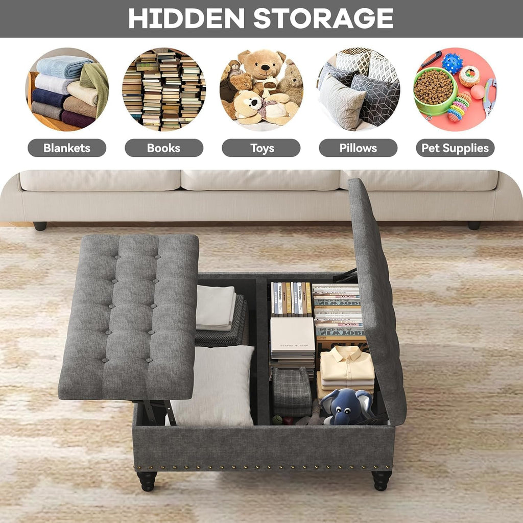 35" Extra Large Storage Ottoman Coffee Table, Tufted Upholstered Coffee Table with Lift Top & Solid Wood Legs,Oversized Storage Ottoman for Living Room, Gray