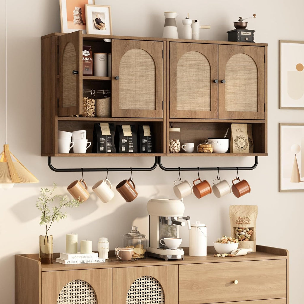 RUSTOWN Rattan Bathroom Wall Cabinet, Boho Medicine Cabinet with 2 Arched Doors, Farmhouse Over the Toilet Storage Cabinets with Adjustable Shelves & Towel Bar, 3-Tier Wall Mounted Cabinets