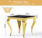 Square Glass End Table, 23" Modern Side Table with Black Tempered Glass Top and Gold Mirror-Finished Stainless Steel S-Shaped Legs, Modern Luxury End Table for Living Room or Bedroom