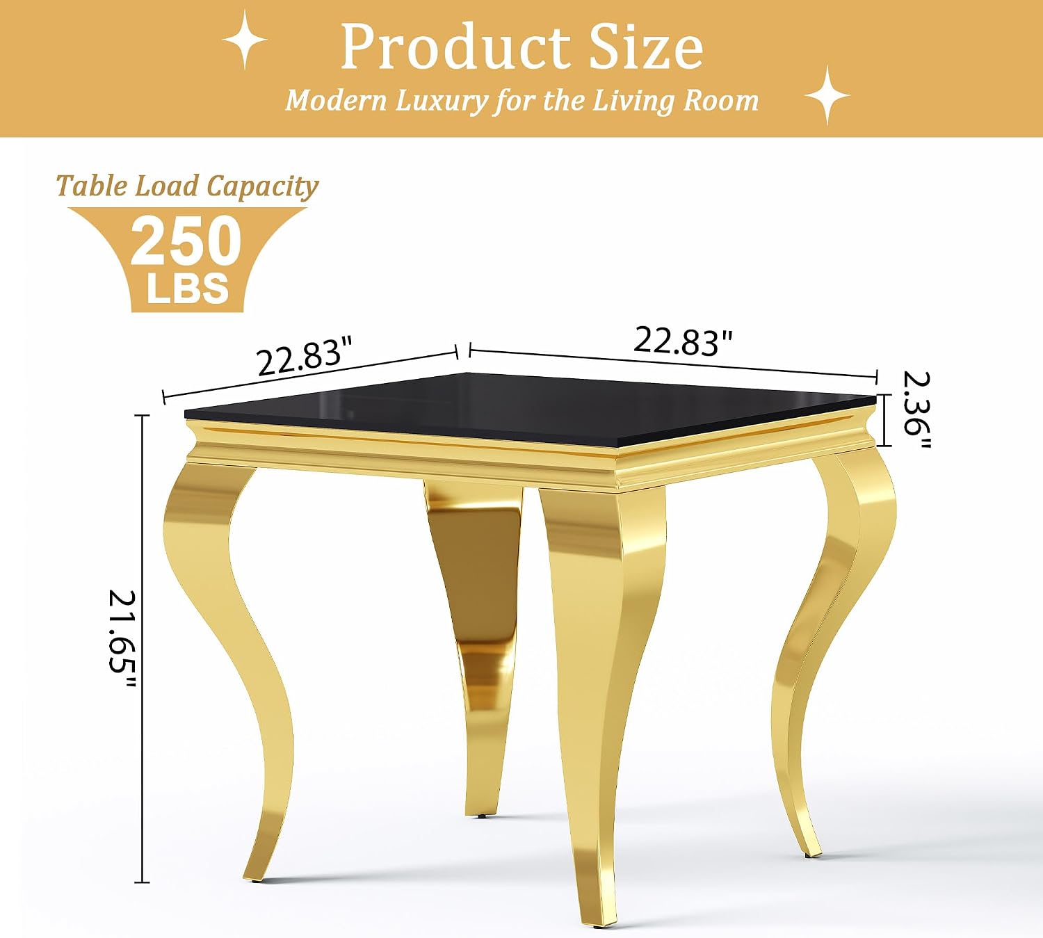 Square Glass End Table, 23" Modern Side Table with Black Tempered Glass Top and Gold Mirror-Finished Stainless Steel S-Shaped Legs, Modern Luxury End Table for Living Room or Bedroom
