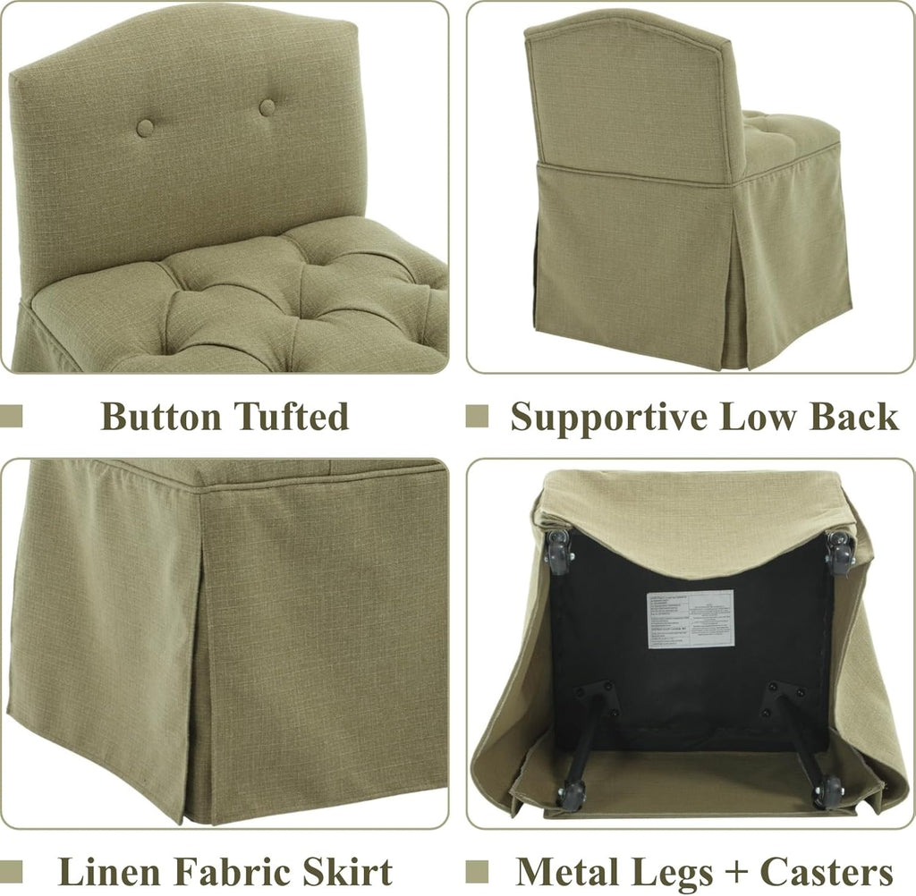 Green Tufted Makeup Vanity Chair with Wheels, Small Upholstered Skirted Slipper Accent Chair with Low Back & Metal Legs, Armless Rolling Vanity Stool Desk Chair for Living Room Bedroom