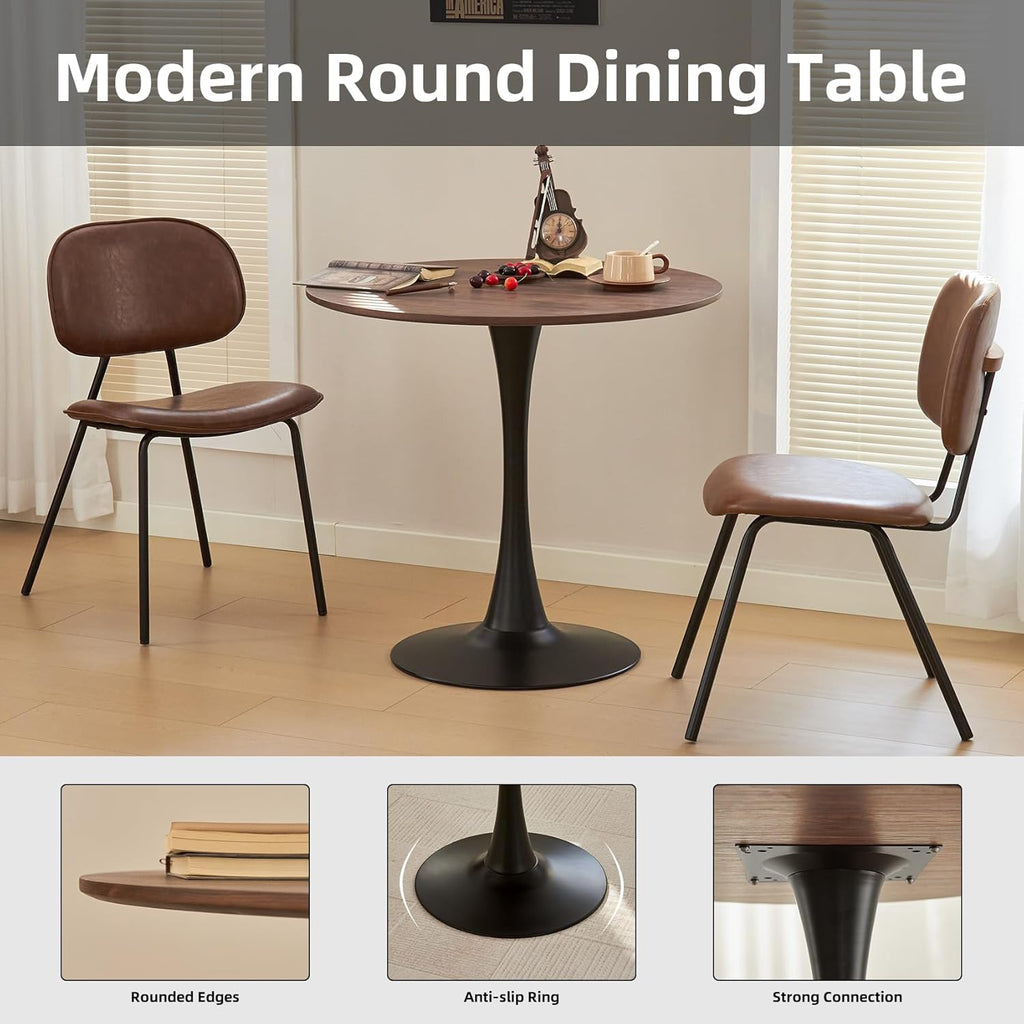 Round Dining Table 31.5" Circle Tulip Table with Thick Tabletop & Metal Pedestal, Mid-Century Modern Bistro Table for Kitchen, Living Room or Cafe, Faux Walnut