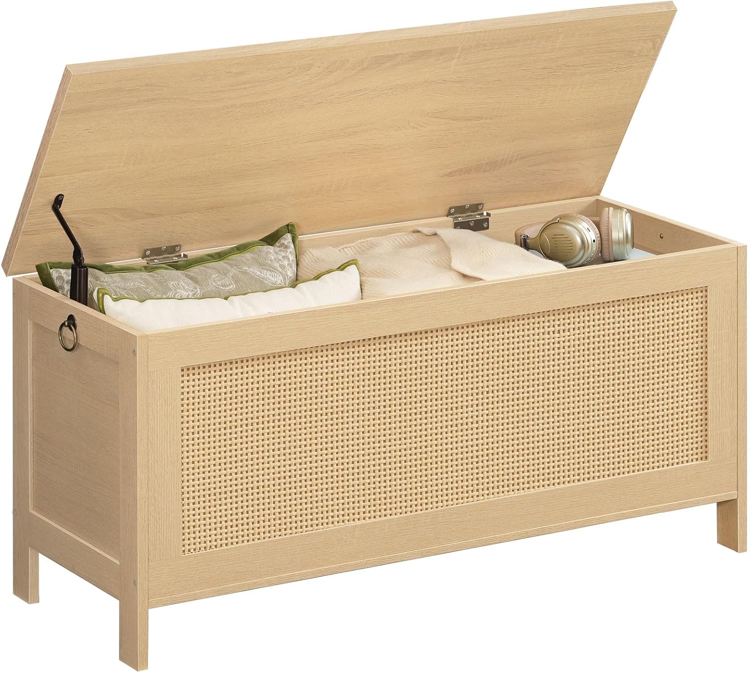 HOOBRO 39.4'' Storage Bench, Large Toy Box, Storage Chest with Faux Rattan Decoration, Toy Storage Organizer, Safety Hinge and Sturdy Support, for Living Room, Bedroom, Natural NL101CW01