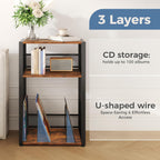 DUMOS 3 Tier Side Table, 1 Pack Record Player Stand with Storage Up to 100 Albums, Turntable Stand for Vinyl, Records Shelf for Living Room Bedroom Brown