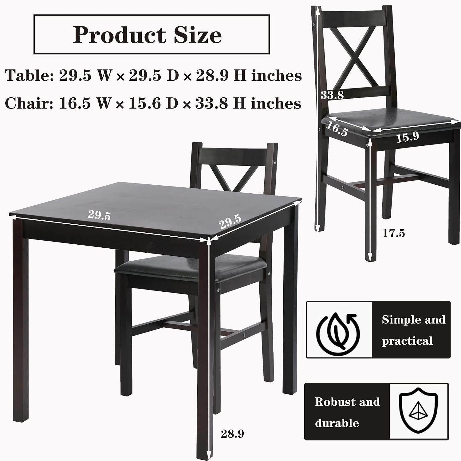 3-Piece Solid Wood Kitchen Table Set for 2 | Pine Dining Table with Upholstered Chairs | Space-Saving Design | Smooth Easy-to-Clean Surface | for Dining Room, Apartment, Restaurant, Dark Brown