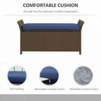 Weather-Resistant PE Rattan Bench 43.25x17.75x20.25in w/Dark Blue Cushion, 29-Gallon Enclosed Storage, 352lb Static Load, Garden Durable