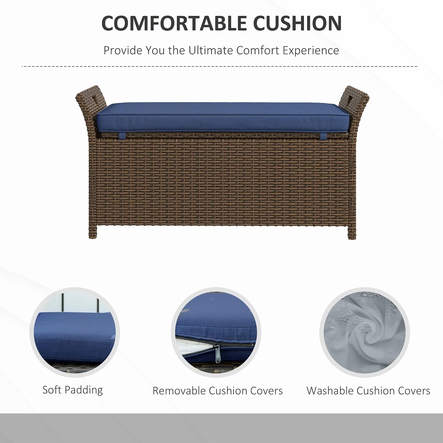 Outdoor Storage Bench 43.25x17.75x20.25in in PE Rattan Finish w/Dark Blue Cushion, 29-Gallon Capacity, 352lb Load Rating, Corrosion-Proof fFor rame