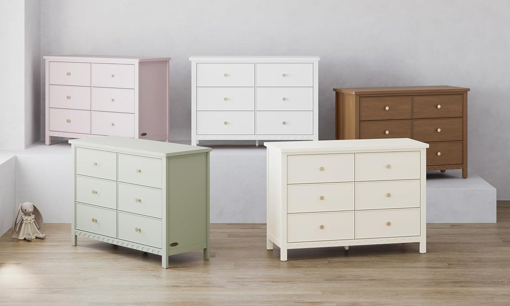 Graco Sasha 6 Drawer Dresser, Sage | GREENGUARD Gold Certified, Removable Bookshelves, Nursery & Kids Bedroom Wood Dresser, Spacious Storage, Interlocking Drawers