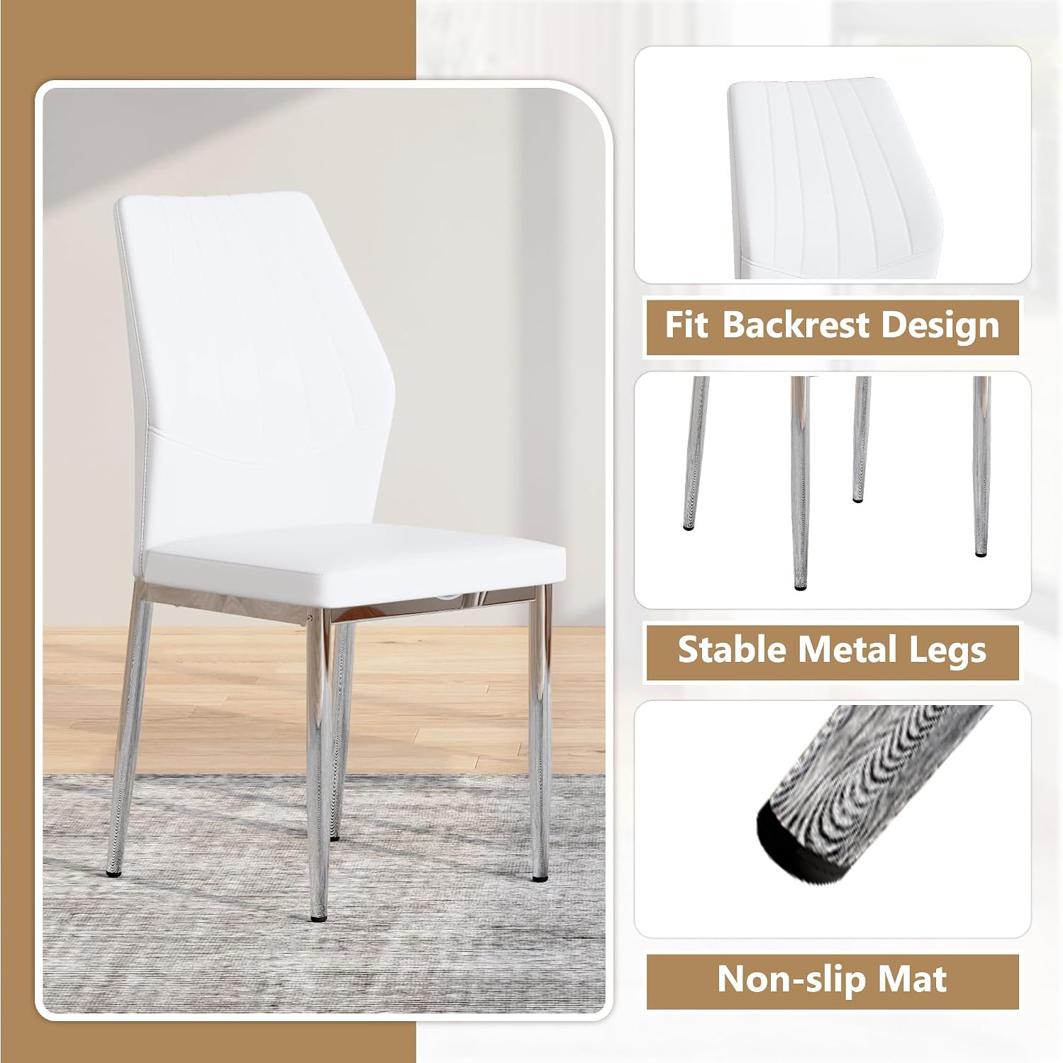 White Dining Chairs Set of 6, Modern PU Leather Kitchen Chairs with Soft Cushion and Silver Chrome Metal Legs, Waterproof and Easy to Clean, Armless Dining Chairs for Dining Room,Kitchen