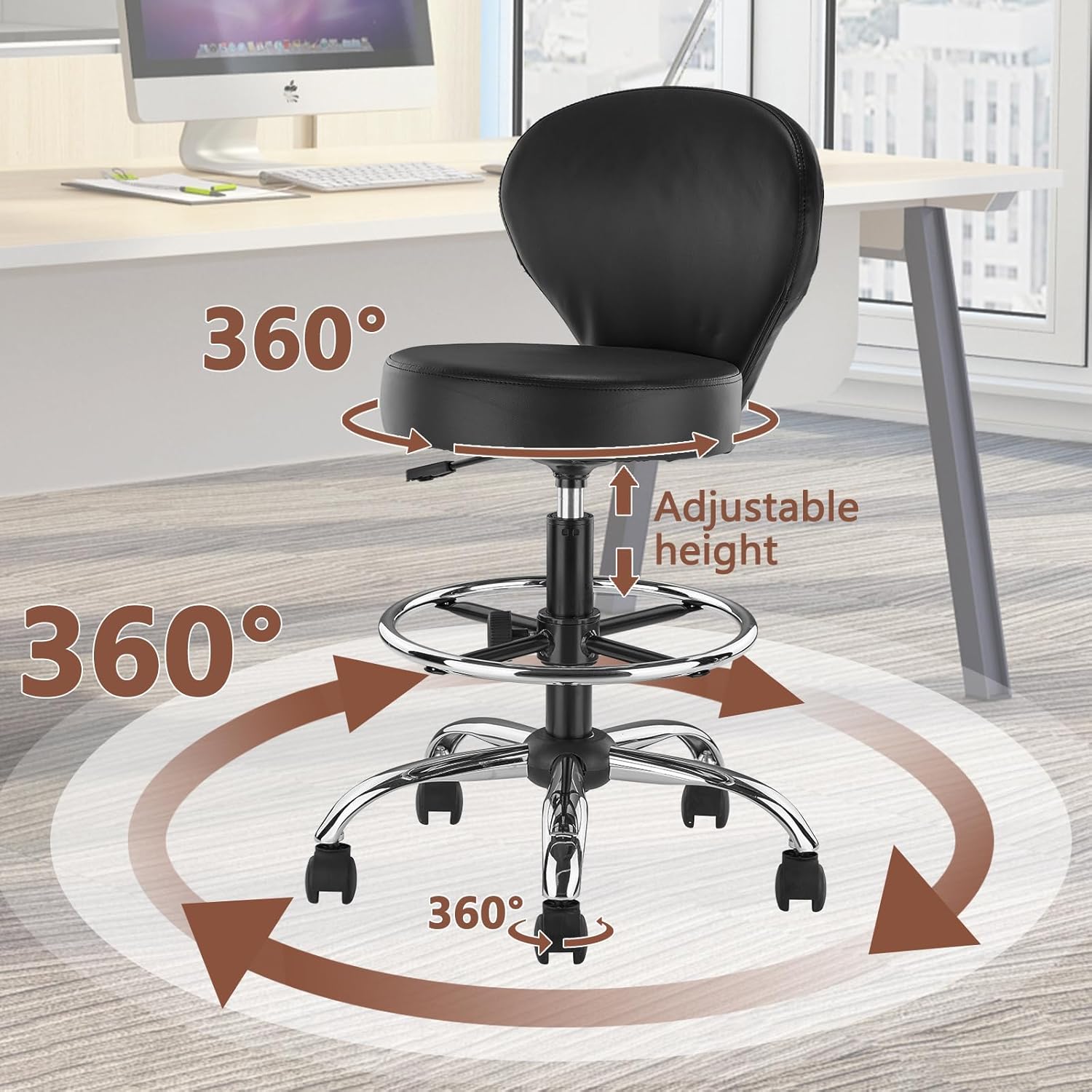 KLASIKA Black PVC Faux Leather Drafting Chair Rolling Swivel Salon Stool Seat Adjustable Height 36 Inch with Back Support Foot Rest Hydraulic Wide Seat for Tattoo Beauty Barber Lash 1Pack