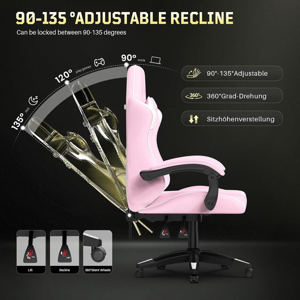 Bigzzia Gaming Chair, Ergonomic Video Game Chairs with Pillow and Lumbar Support, Racing Style Height Adjustable Computer Chair with 360°-Swivel Seat for Adults and Teens (Pink)