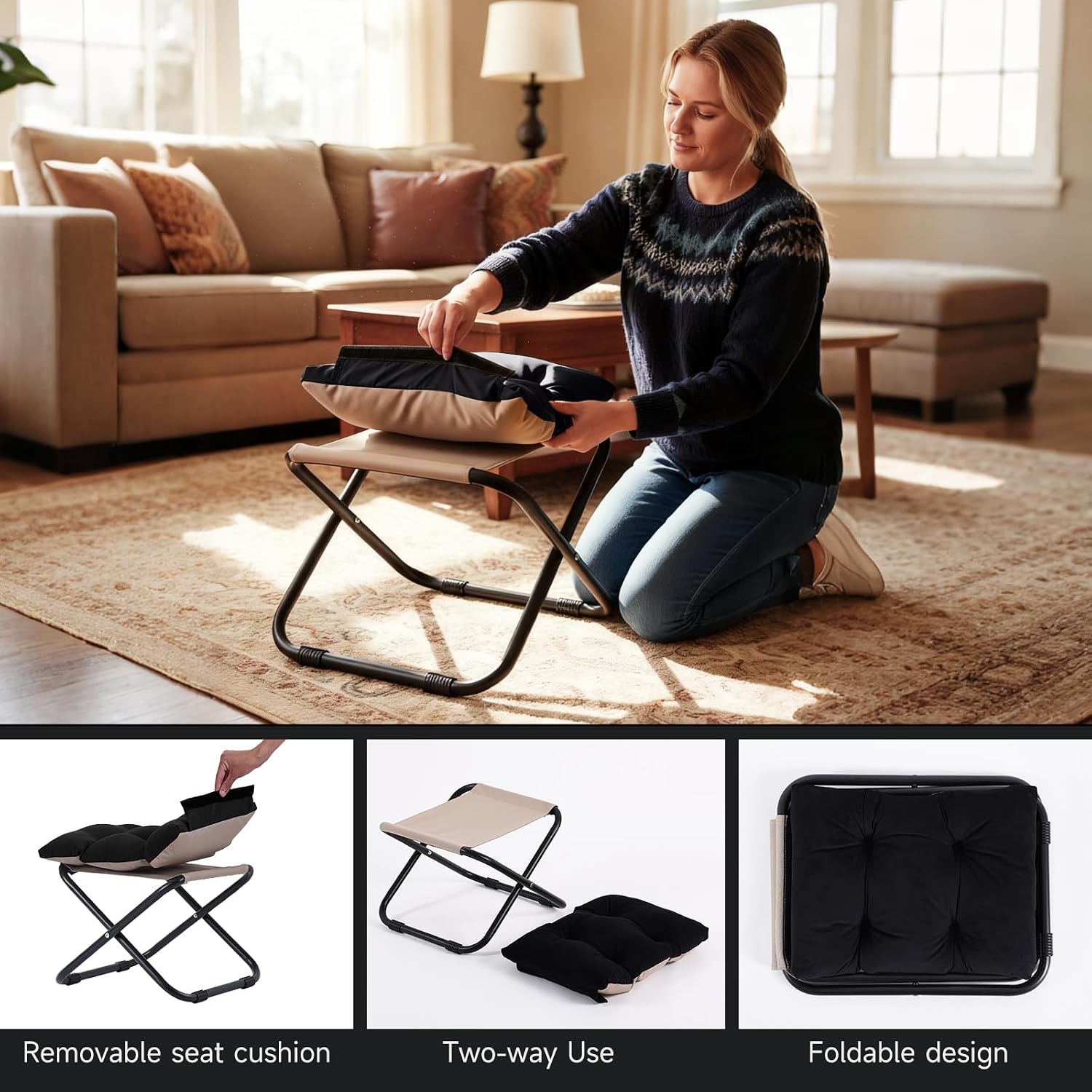 Welnow Folding Foot Stool, Upholstered Small Accent Ottoman with Detachable Thick Cotton Cushion, Padded Sofa Stool with Straight Metal Legs for Lazy Chair, Living Room, Bedroom, Black