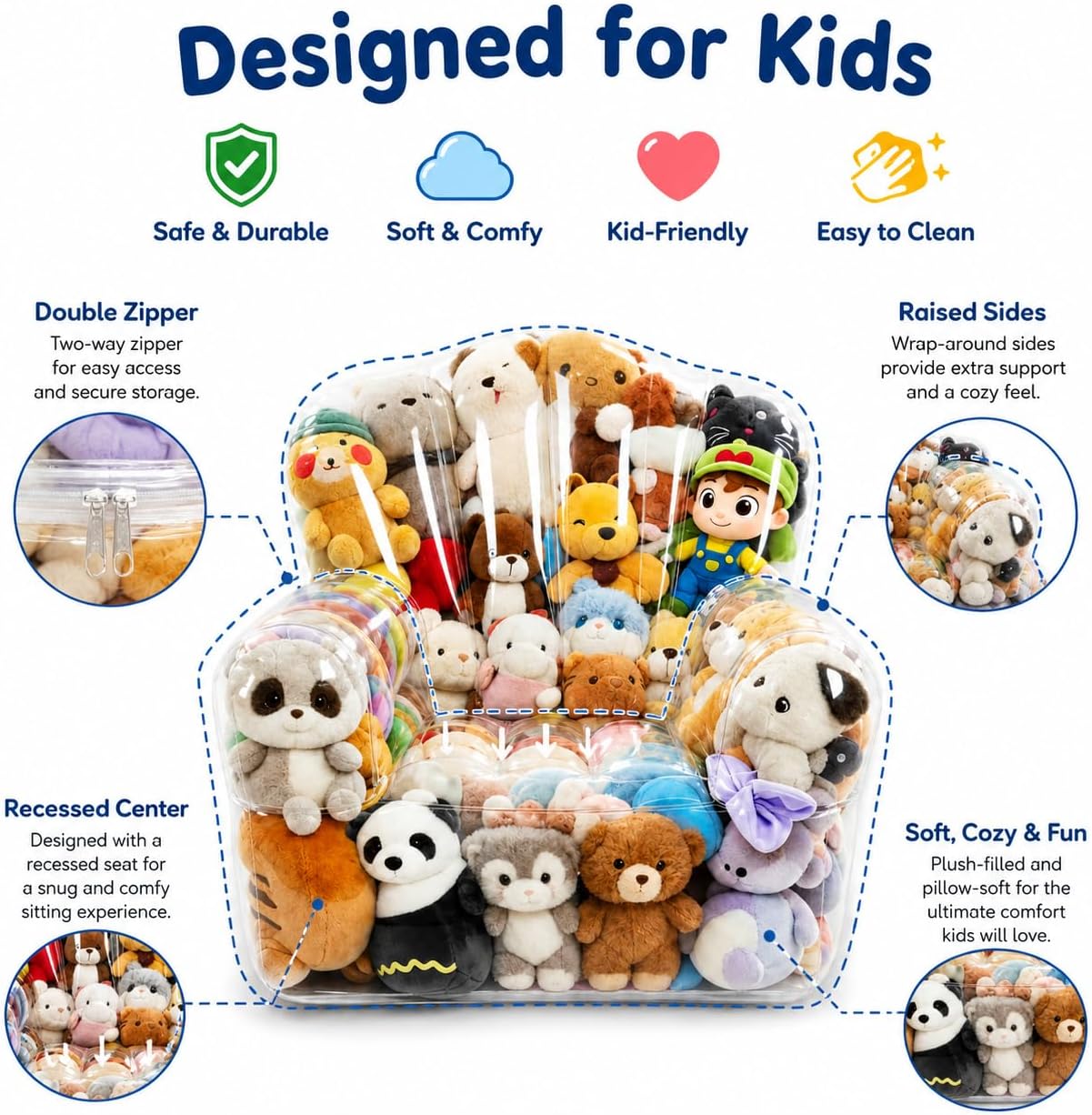 Clear Stuffed Animal Storage Bean Bag Chair Cover for Kids Waterparoof Beanbag Chair Cover with Zipper, PVC Bean Bag Chair for Children Plush Toys Storage & Organizing (Chair）
