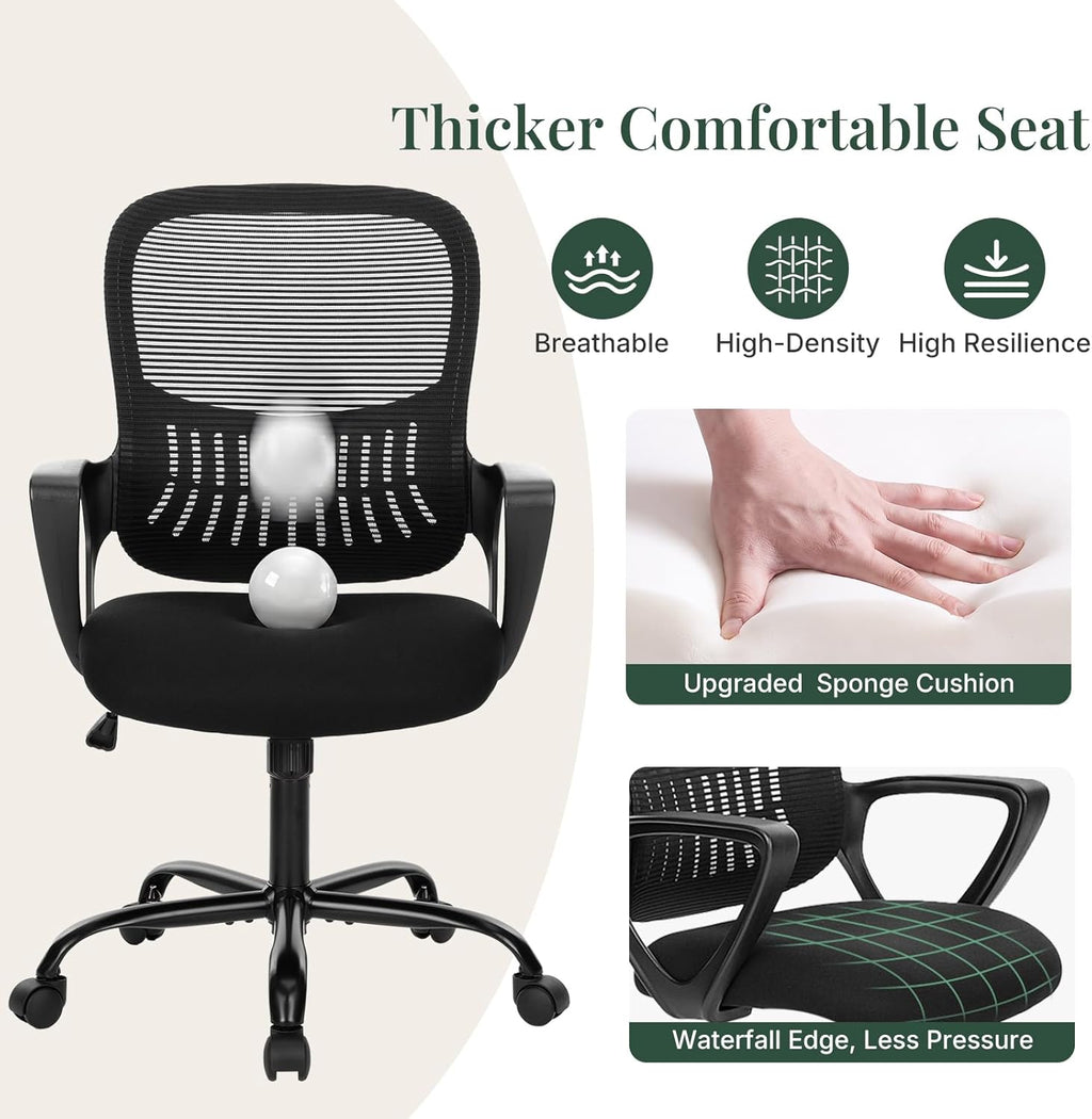 Home Office Desk Chair, Ergonomic Mid-Back Mesh Computer Task Chair with Comfortable Lumbar Support, Height Adjustable Swivel with Fixed Armrest for Adults, Student, Black