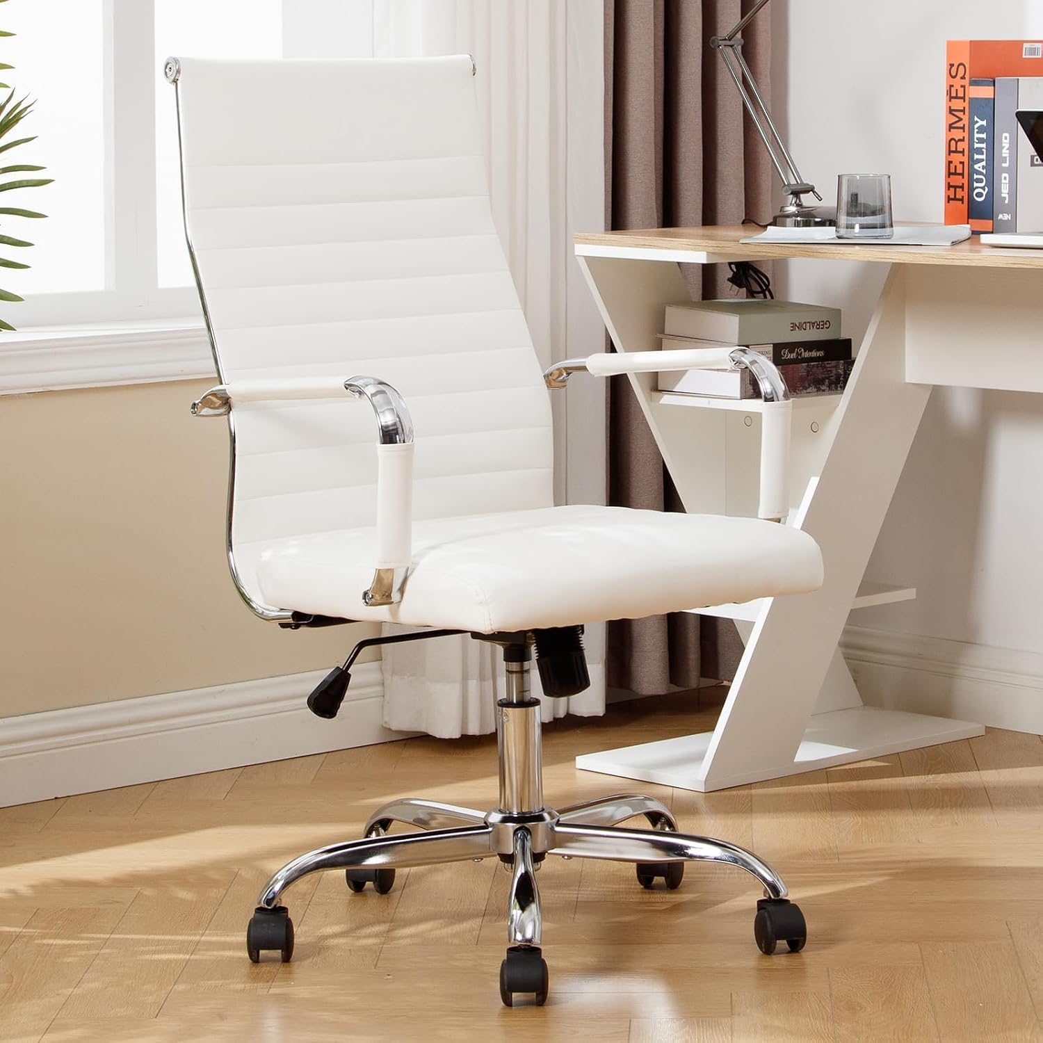 Office Chair, Adjustable Desk Chair, Mid-Back Ergonomic Conference Room Chairs, Comfortable Leather Executive Ribbed Computer Chair, Swivel Chair with Casters for Home Office