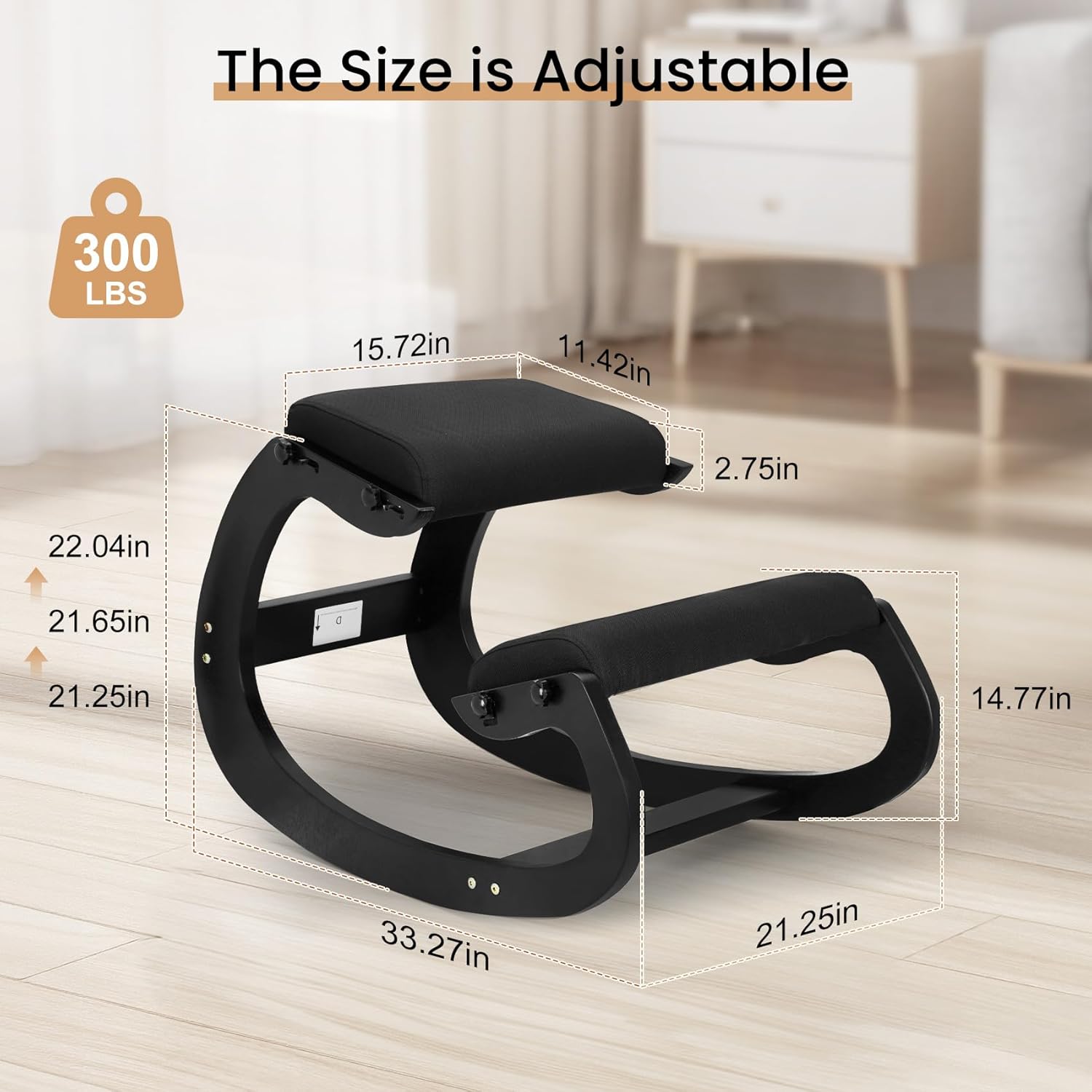 Ergonomic Kneeling Chair - Adjustable Seat, Smooth Rocking Base for Active Posture, Relieves Back & Spine Pressure for Office &Home Sturdy Kneeling Desk Chair Holds 300 lbs, Durable & Stable