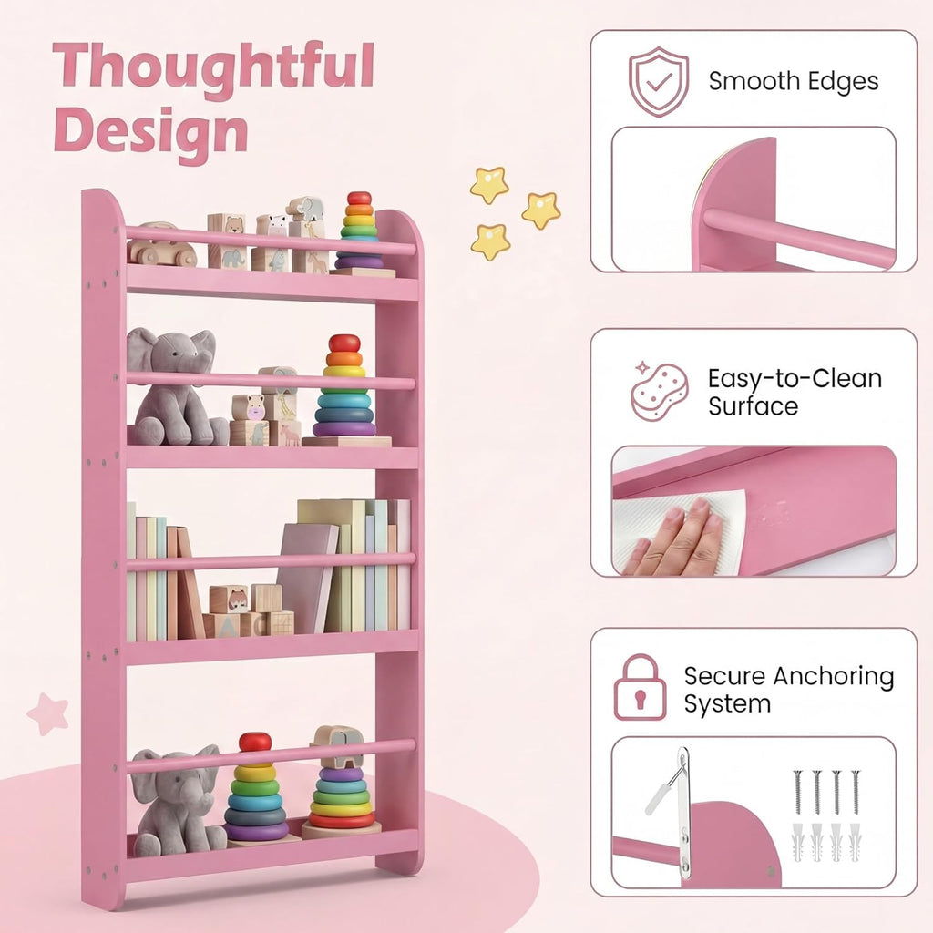 HONEY JOY Kids Bookshelf, Wall Mounted Shelf with Basswood Crossbar & Raised Edge, 4-Tier Bookshelf Organizer for Toys and Books, Space-Saving Wall Book Rack for Bedroom, Living Room, Nursery (Pink)