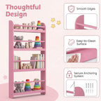 HONEY JOY Kids Bookshelf, Wall Mounted Shelf with Basswood Crossbar & Raised Edge, 4-Tier Bookshelf Organizer for Toys and Books, Space-Saving Wall Book Rack for Bedroom, Living Room, Nursery (Pink)