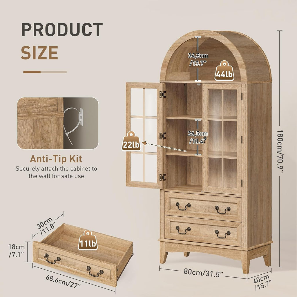 RALGEND 71'' Tall Arched Pantry Cabinet, Farmhouse Kitchen Pantry Cabinet with Glass Doors, Adjustable Shelves and 2 Large Drawers, Versatile Cupboard for Kitchen, Dining Room, Natural