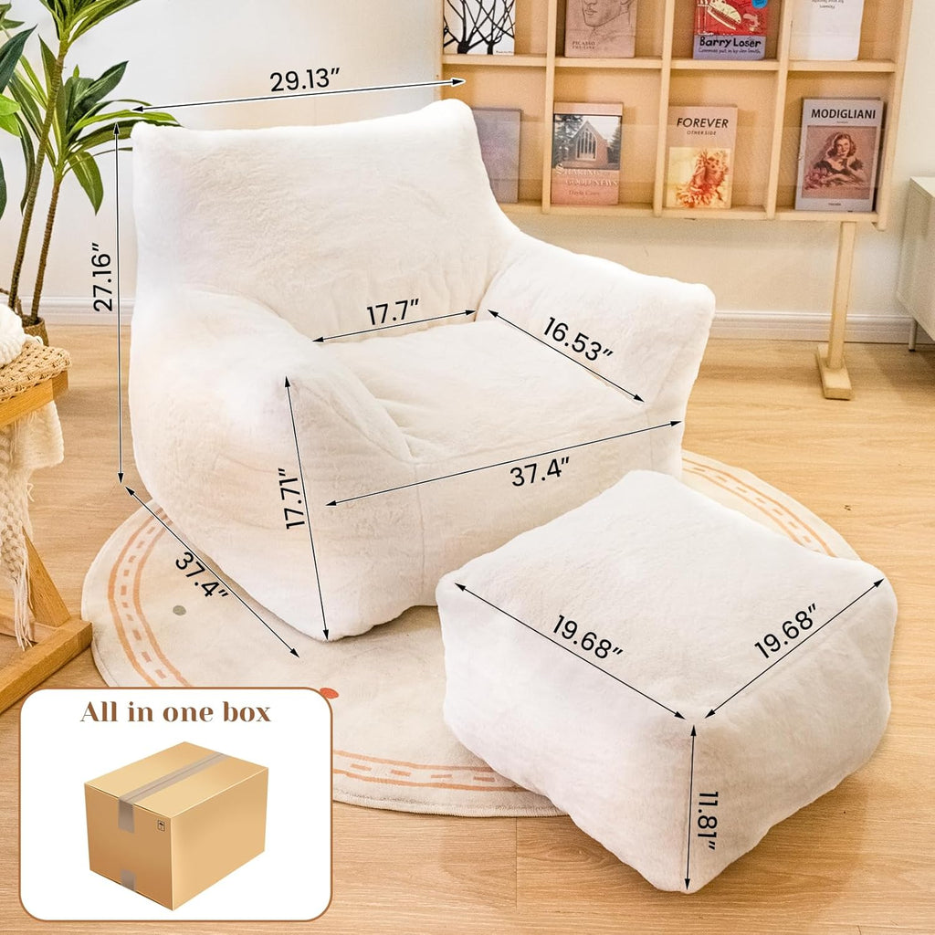 Cvortll Bean Bag Chair with Ottoman, Soft Fluffy Faux Fur Beanbag Chairs for Adults with Armrest and Memory Foam Fille, Lazy BeanBag Sofa with Footstool for Living Room, Bedroom, Apartment