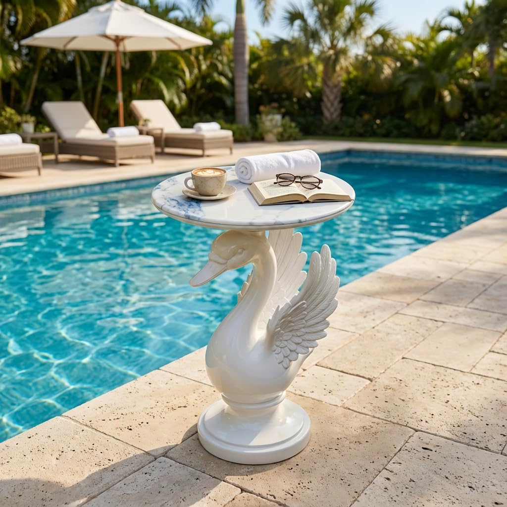 Sculptural Swan Head Side Table, Artistic Animal End Table with Faux Marble Top, Modern Accent Table for Living Room, Unique Home Decor Gift for Housewarming, 19.69" W x 25.5" H