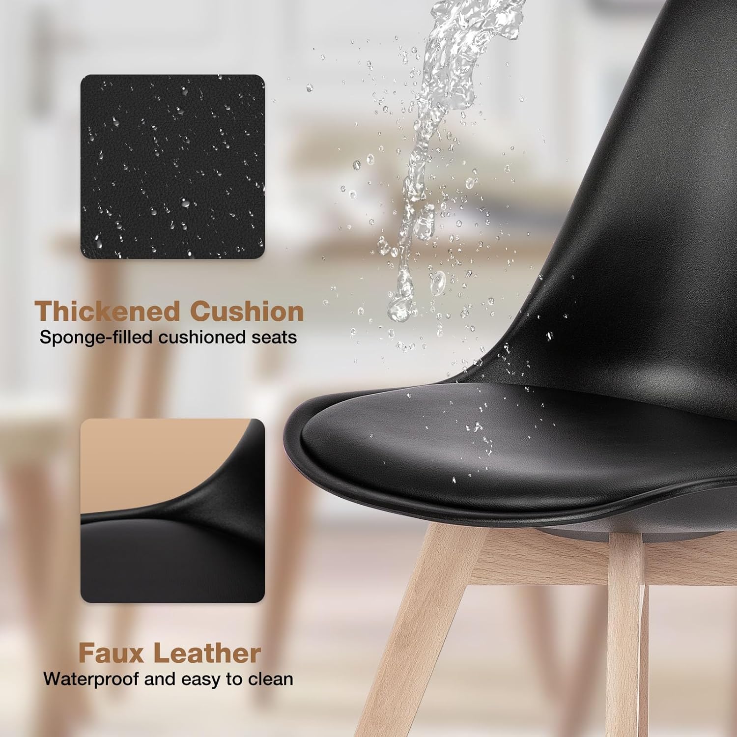 OLIXIS Dining Chairs Set of 4, PU Leather Upholstered Kitchen Chairs with Solid Wood Legs, Mid Century Modern Accent Chairs for Living Room, Bedroom, Patio, Black
