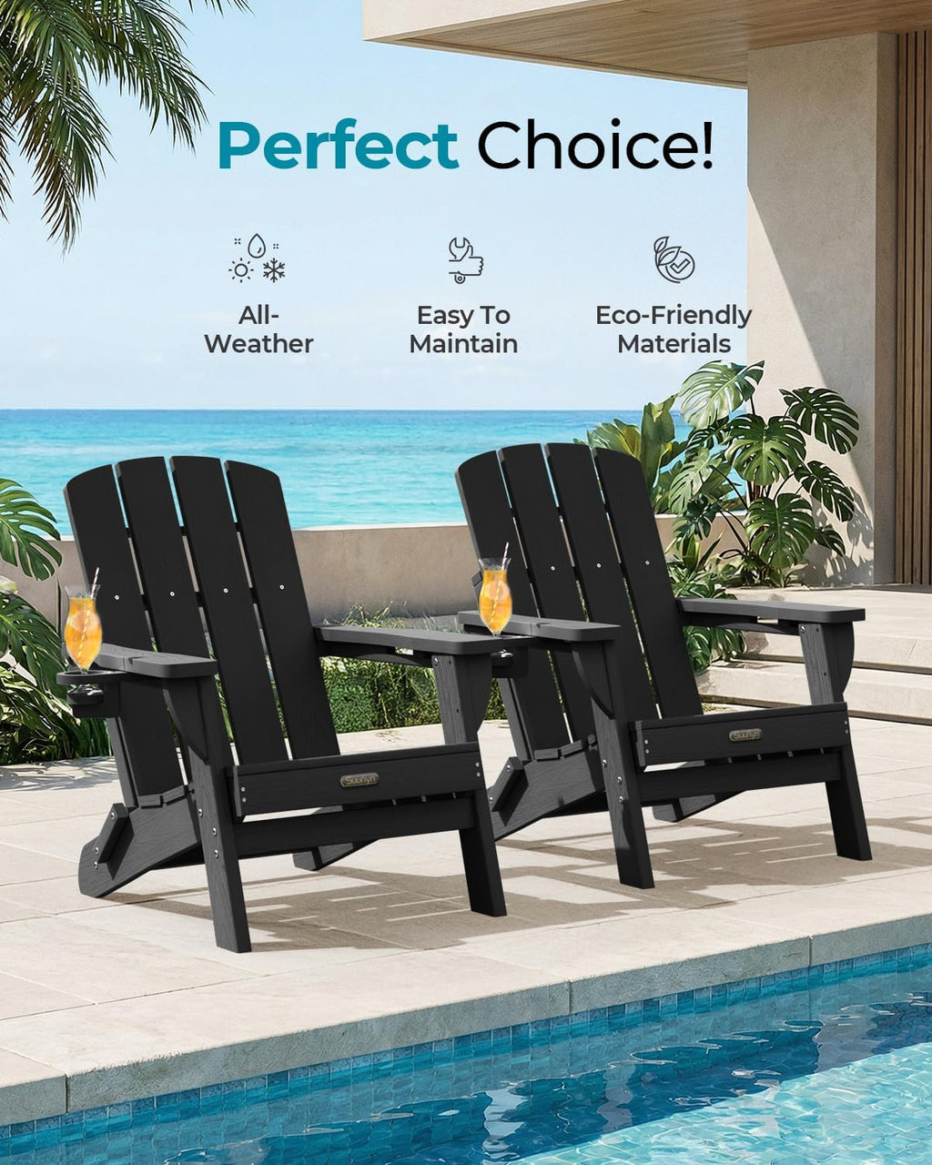 Folding Adirondack Chair, HDPE Adirondack Chairs with 2 Cup Holder, Plastic All-Weather Fire Pit Chairs, Outdoor Lawn Chair for Patio Garden (Black)