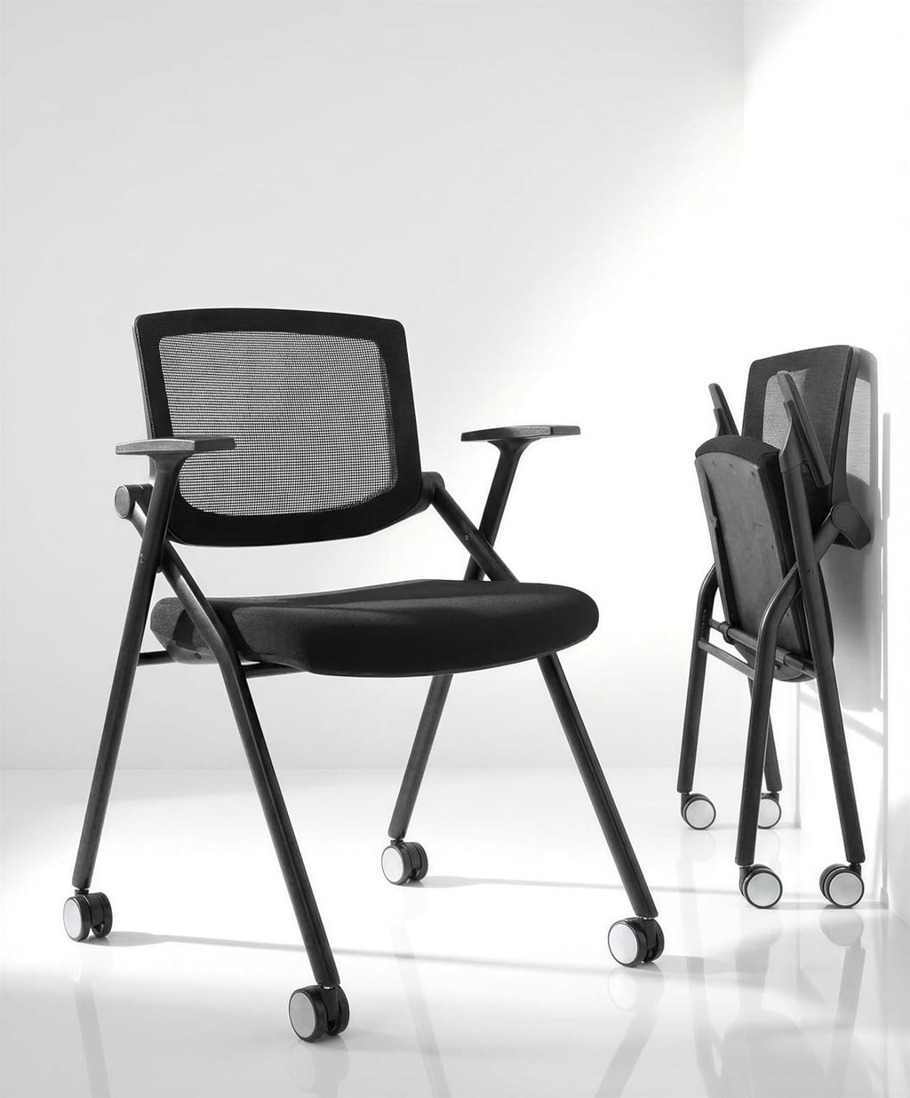 2 Pack Stackable Conference Room Chairs with Wheels and Paddle, Ergonomic Mesh Back and Arms for Meeting, Conference, Reception, Training Room & Home Office Desk Folding Chairs