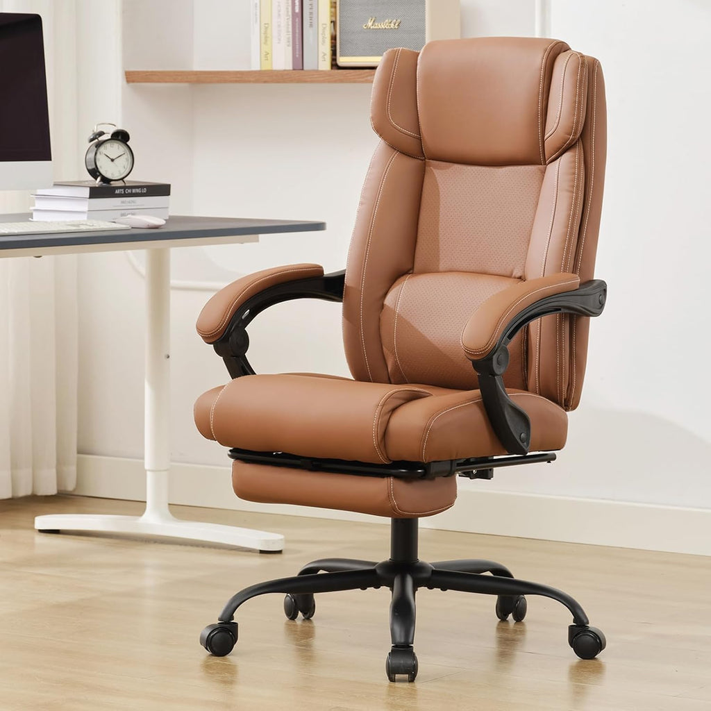 Reclining Office Chair with Footrest,Ergonomic Home Office Desk Computer Chair with Lumbar Support,Thick Executive Leather Chair,90-155° Adjustable (Brown)