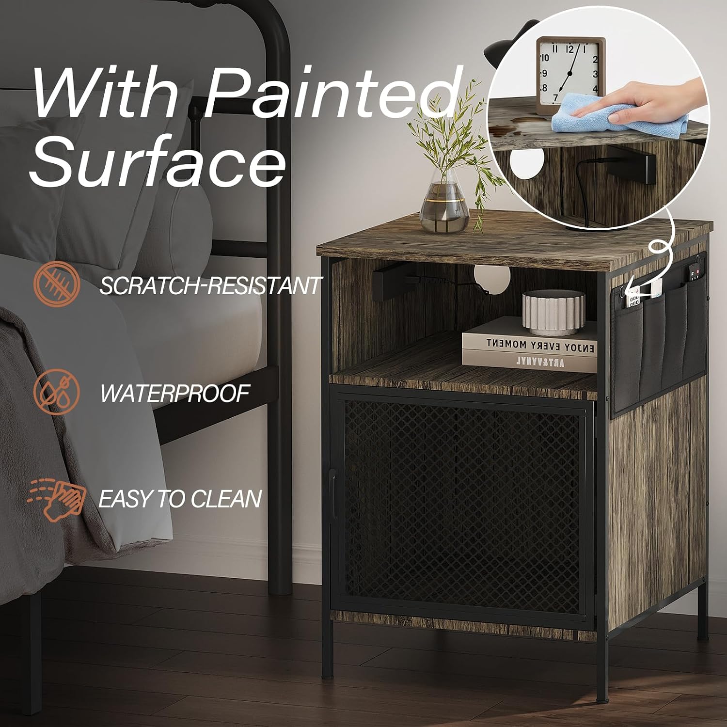 End Table with USB Charging Hub & Storage Pocket, Modern Metal Side Table Adjustable Feet for Bedside, Living Room