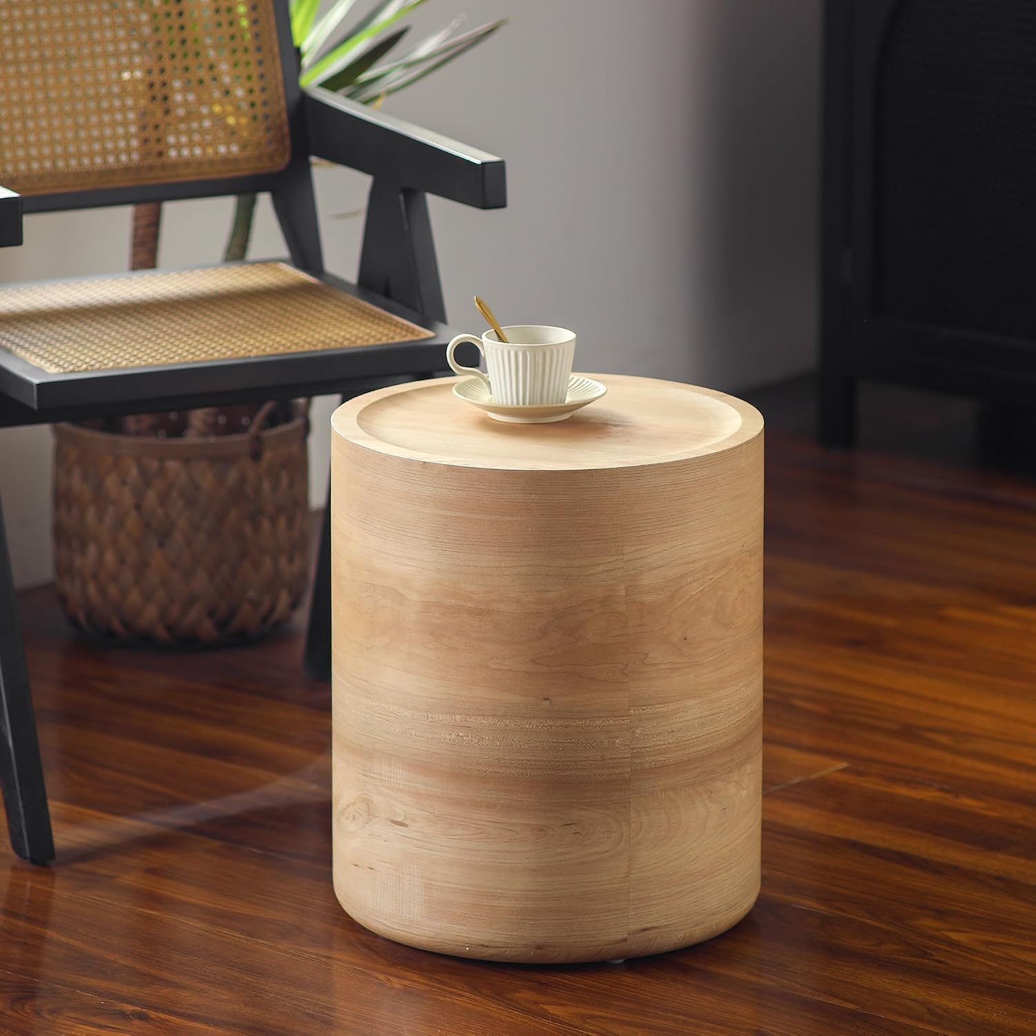Round End Table for Living Room, Modern Drum Circle Side Table for Small Spaces, Nightstand Sofa Table for Bedroom, No Need Assembly