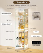 Lvifur 67''H Corner Curio Cabinet - with Glass Door, Lockable Glass Display Cabinet with RGB Motion Sensor Light, 5-Tier Figure Display Case with Removable Glass Shelf for Collectibles,White
