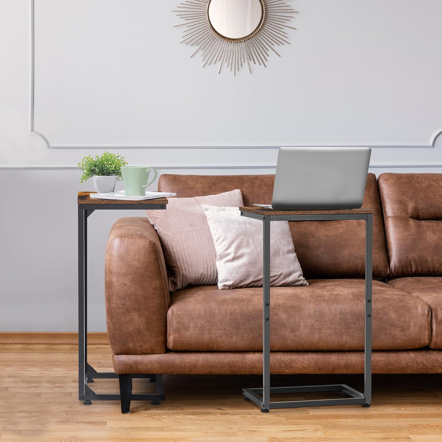 C-Shaped Tables,C Shaped End Table Set of 2-Rustic Brown Slide Under Sofa Side Tables with 22lbs Capacity, Space Saving TV Trays for Living Room, Bedroom & Small Spaces,Metal Frame Industrial