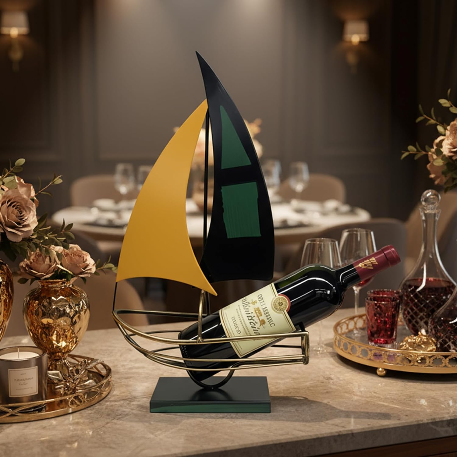 Metal Sailboat Wine Rack for Countertop – Decorative Wine Bottle Holder for Kitchen Bar Dining Table, Boat Sculpture Wine Stand Nautical Home Decor (Yellow and Green)