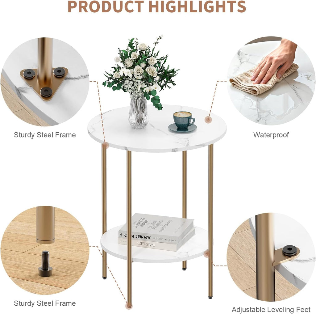 Side Table, Round End Table with 2 Storage Shelves, Compact Living Room Accent Table, Space-Saving Small Bedside Table, 18x18x22in, Marble White