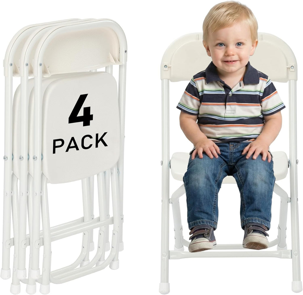 4 Pack Kids White Plastic Folding Chair with Metal Frame for Toddler&Children, Lightweight and Stackable Foldable Seats for Indoor, Outdoor, Classrooms, Desks, Parties, Events